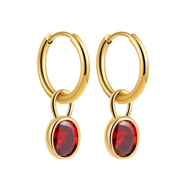 Women's oval zircon earrings in copper on a post, shown in army green colour.