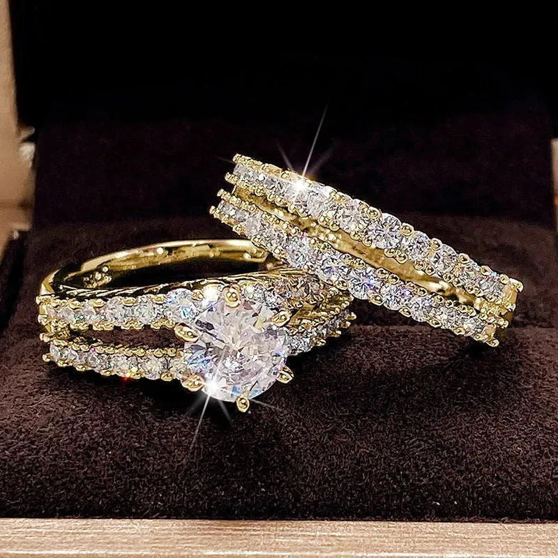 2 in 1 female ring set with fashion and fully-jewelled designs in three metallic colours