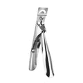 Stainless steel French U-shaped nail art scissors on a neutral background.