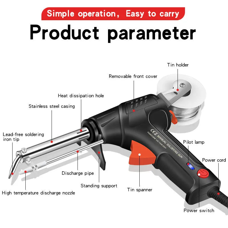 Black soldering gun kit with LED light, five-piece set with alloy construction.