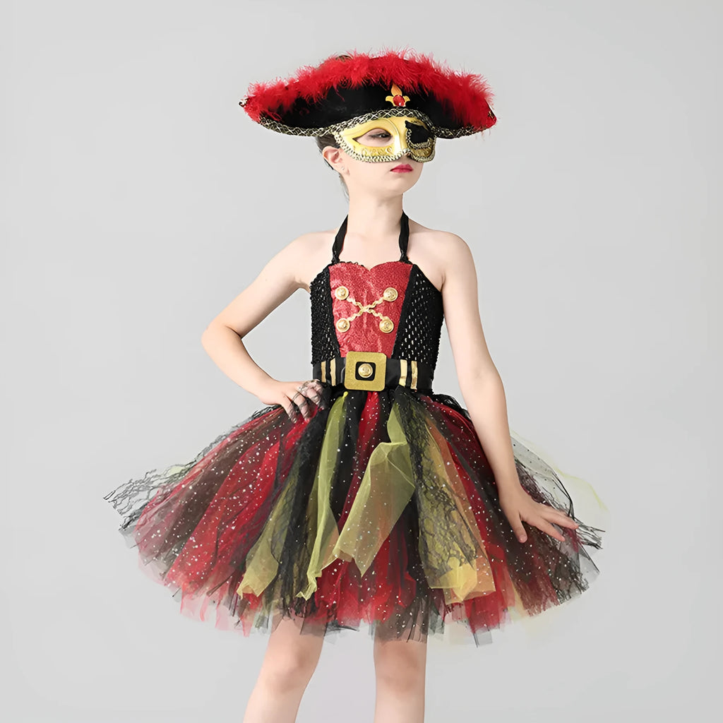 Girls Halloween pirate costume dress with sequin gauze fabric and pirate skirt design