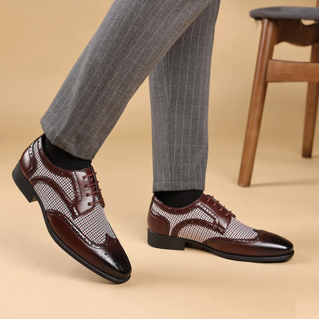 Men's black houndstooth pattern casual shoes with square toe and lace-up front on a rubber sole.