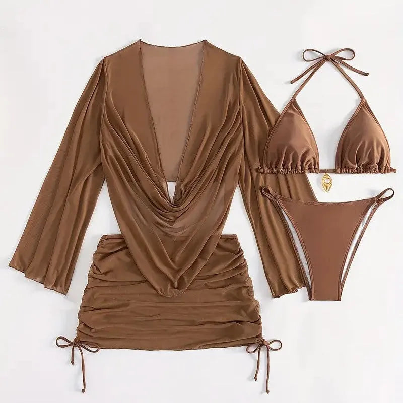 Women's dark brown lace-up backless bikini swimsuit with brief style and sleeveless design