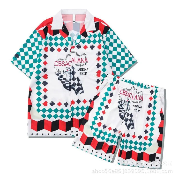 Plaid pattern beach outfit set with short sleeve shirt and matching shorts on mannequin