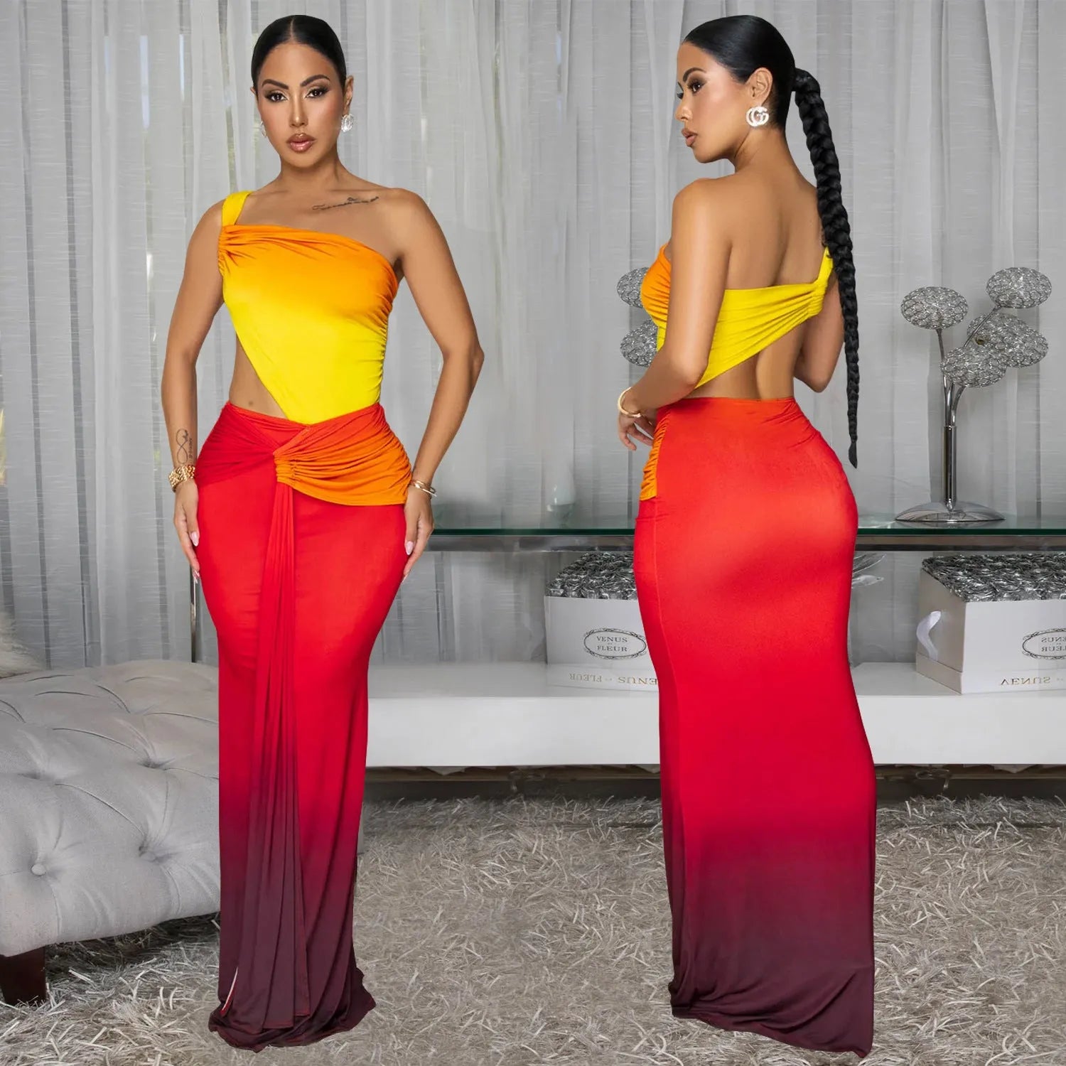 Gradient colour long dress with oblique shoulder design and high waist
