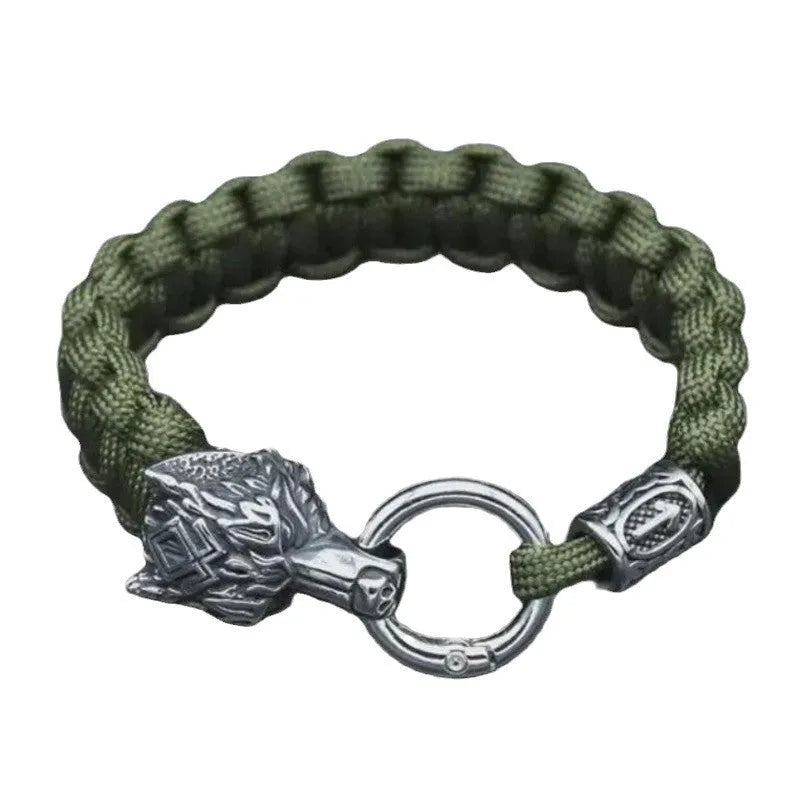 Handmade stainless steel wolf head bracelet with Luen character engraving in camouflage colour.