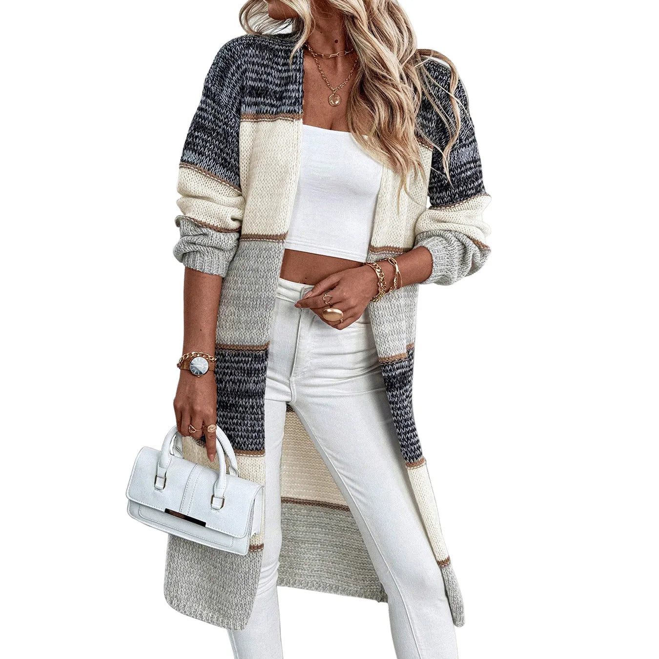 Grey women's knitted cardigan with loose street fashion styling and long sleeves