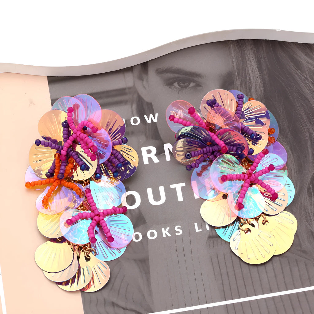 Handmade string bead flower earrings in dopamine style with exaggerated floral design