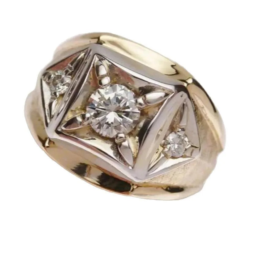 Geometric hollow wide face creative couple ring in gold colour with a chamfered square pattern design.