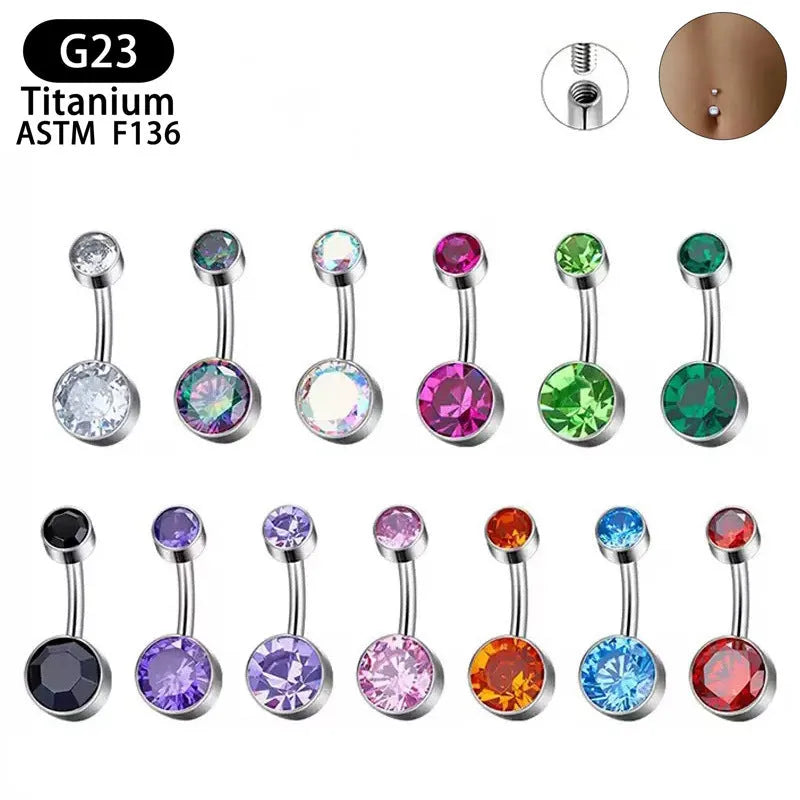 Titanium alloy double-headed zircon navel stud with internal threading in multiple colours