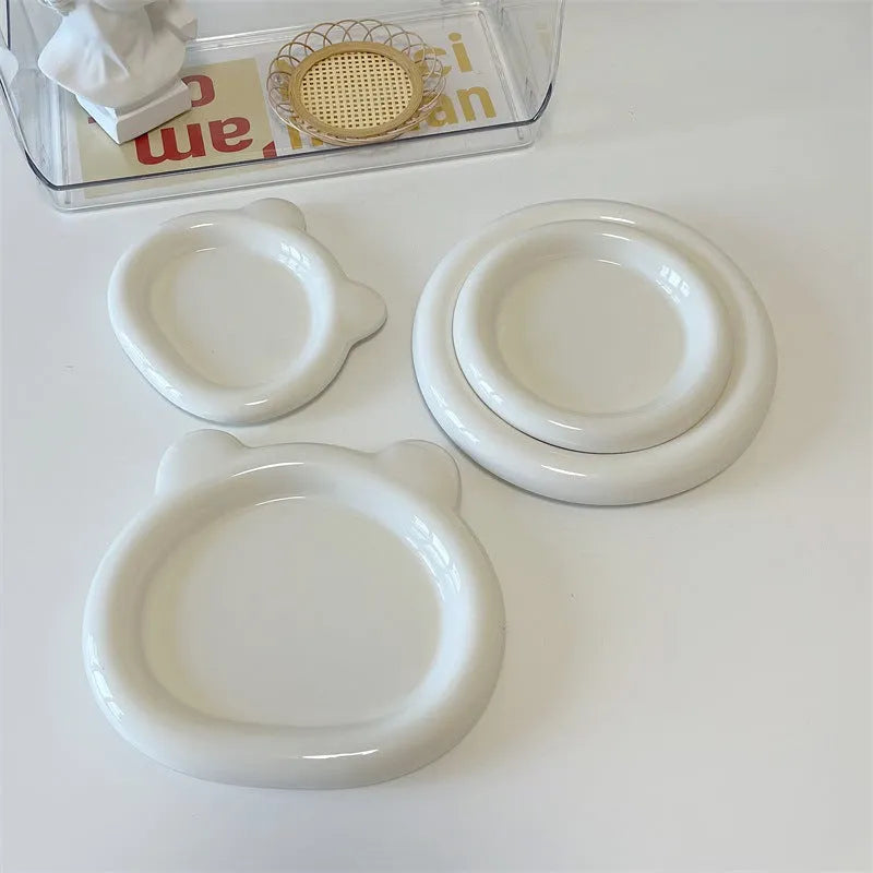 White ceramic plant tray with bear or round doodle design in 15cm or 20cm size