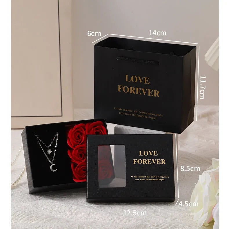 Korean style soap flower gift box set with six roses in red, pink, or black, including a presentation box and handbag.