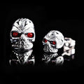 Skull stud earrings with red eye ghost head design and retro styling