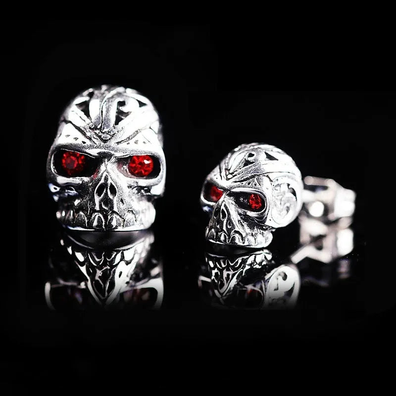 Skull stud earrings with red eye ghost head design and retro styling