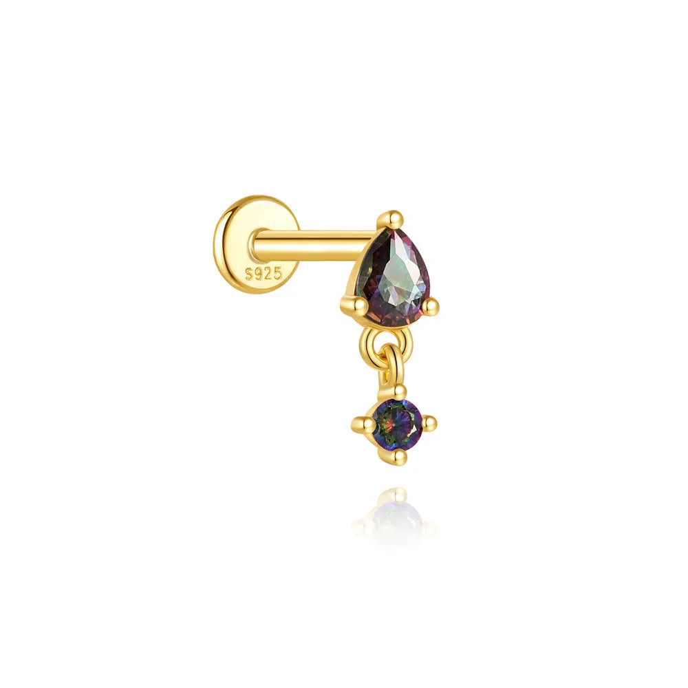 Geometric S925 sterling silver threaded stud earring with a flat head featuring a rainbow stone.