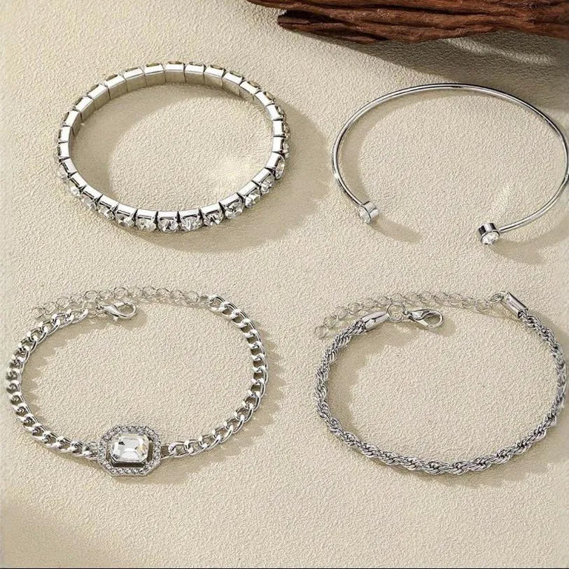 Women's retro geometric alloy bracelet set with four matching jewellery pieces in gold colour