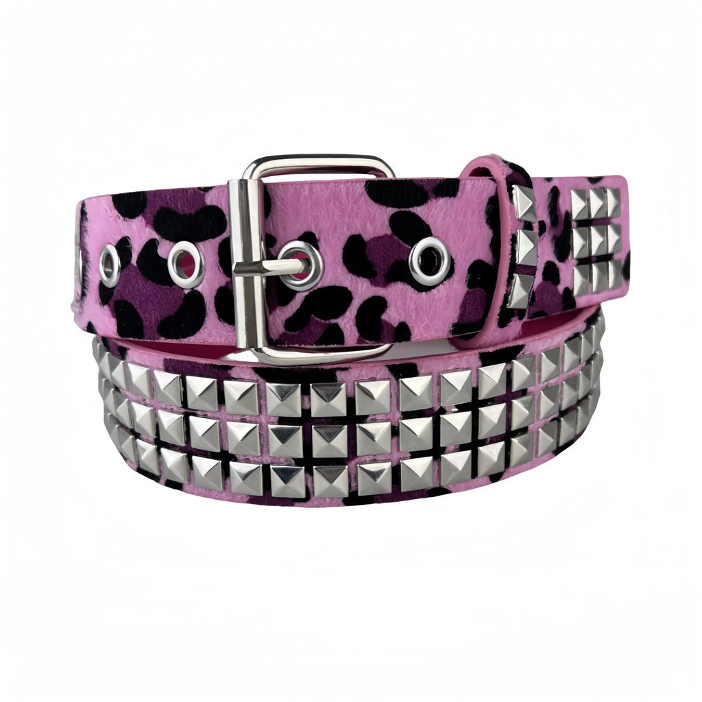 Punk style women's brown leopard print belt with metal decorative rivets and an alloy pin buckle.