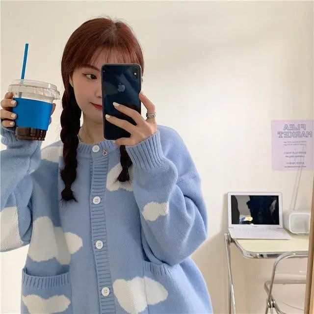 Blue cloud pattern women's loose spandex cardigan sweater with long sleeves
