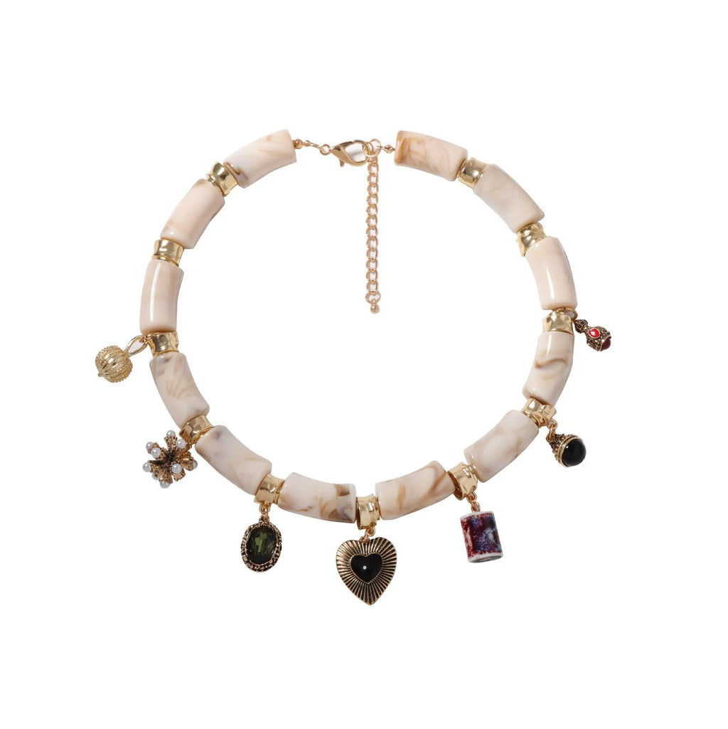 Heart-shaped resin bamboo necklace for women with electroplating finish in picture colour