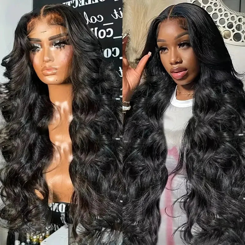 Black synthetic wig with big wave texture and lace front construction on display