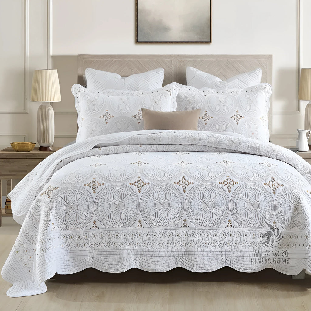 Pure cotton bed cover set with European embroidery and clip sheets design