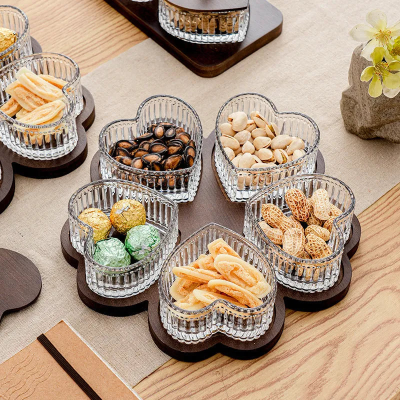Glass retro snack serving platter with heart-shaped lid in 2-grid, 3-grid, 4-grid or 5-grid compartment options.