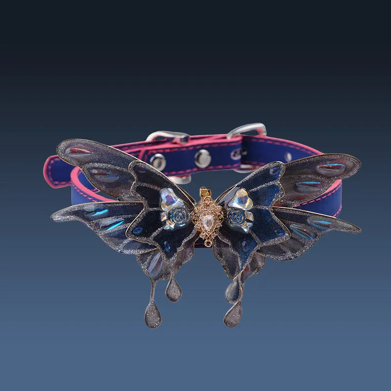 Purple butterfly rhinestone collar with temperature-change properties and alloy chain