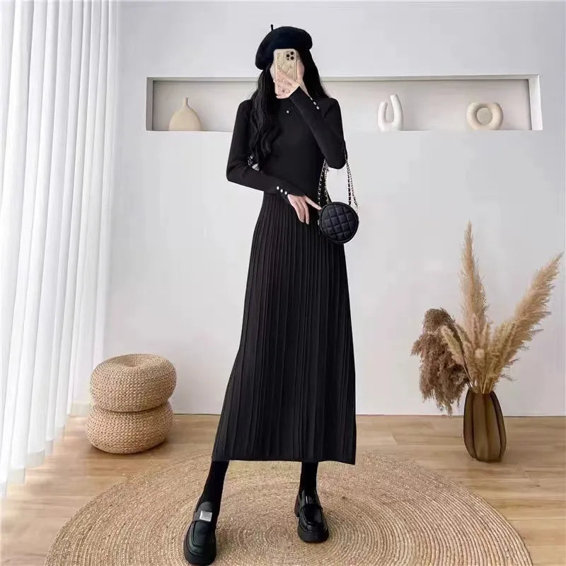 Women's knitted high-waist A-line skirt in beige, shown in a front view.