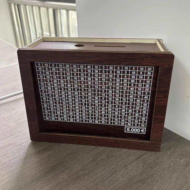 Retro style wooden digital coin bank with LED display and currency-themed design options.
