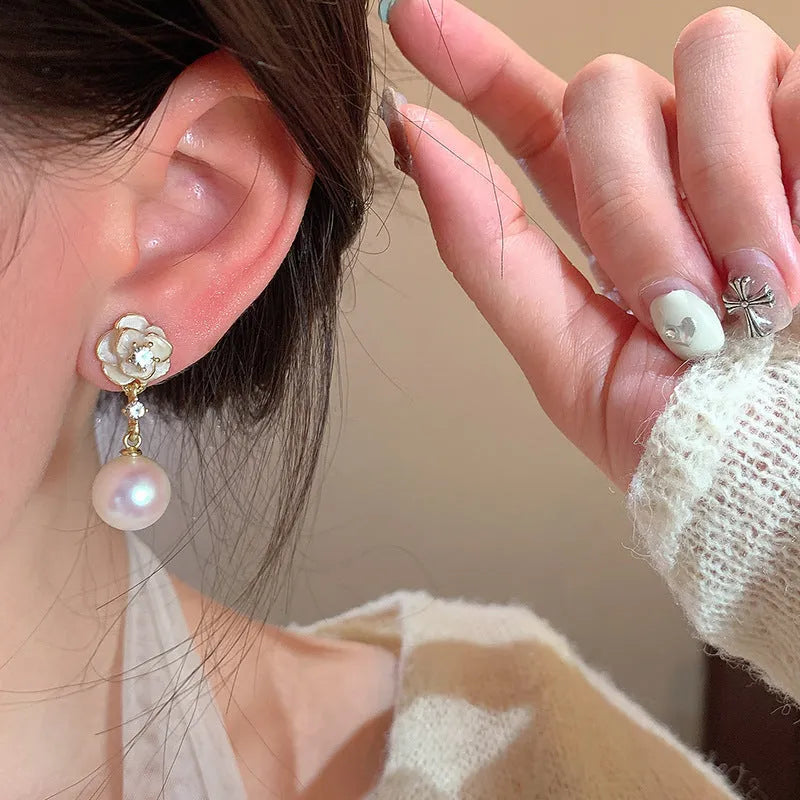 Camellia flower stud earrings with pearl accents for women, alloy floral jewellery