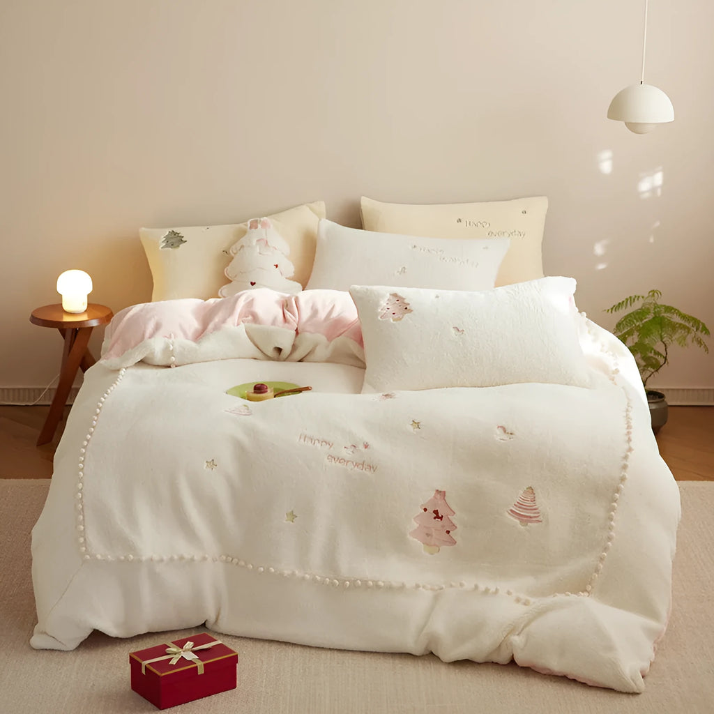 Green Christmas Tree pattern milk fibre bedding four-piece set with quilt cover and pillowcases