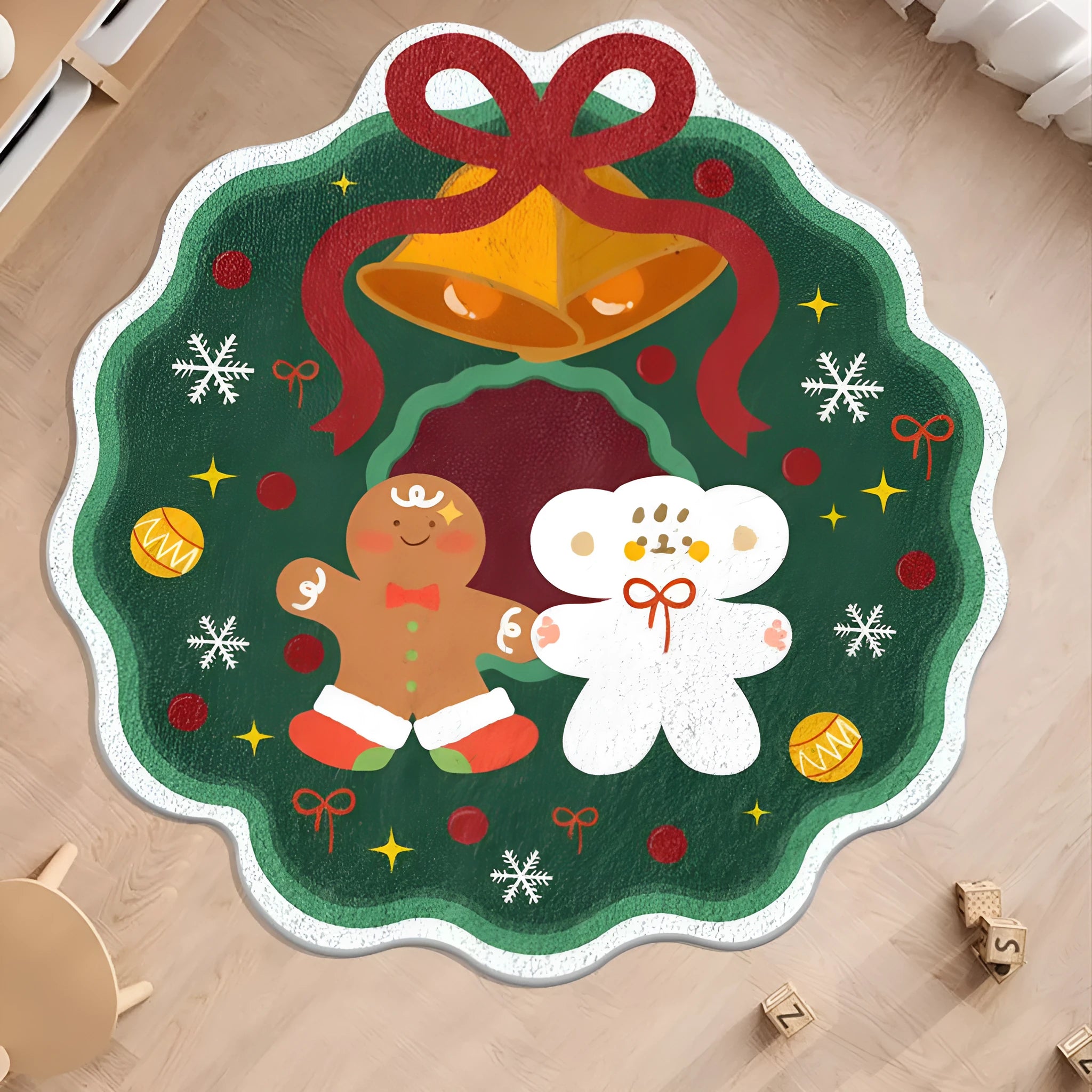 Round Christmas floor mat in imitation cashmere with festive designs including gingerbread men and Christmas trees