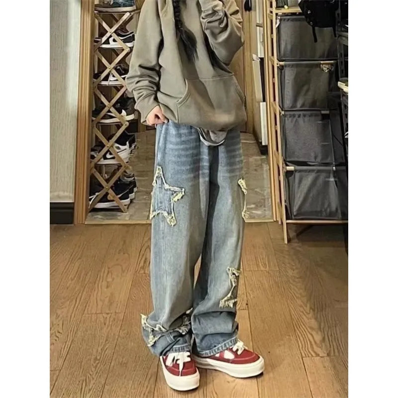 Women's blue straight-leg jeans with high waist and washed denim finish