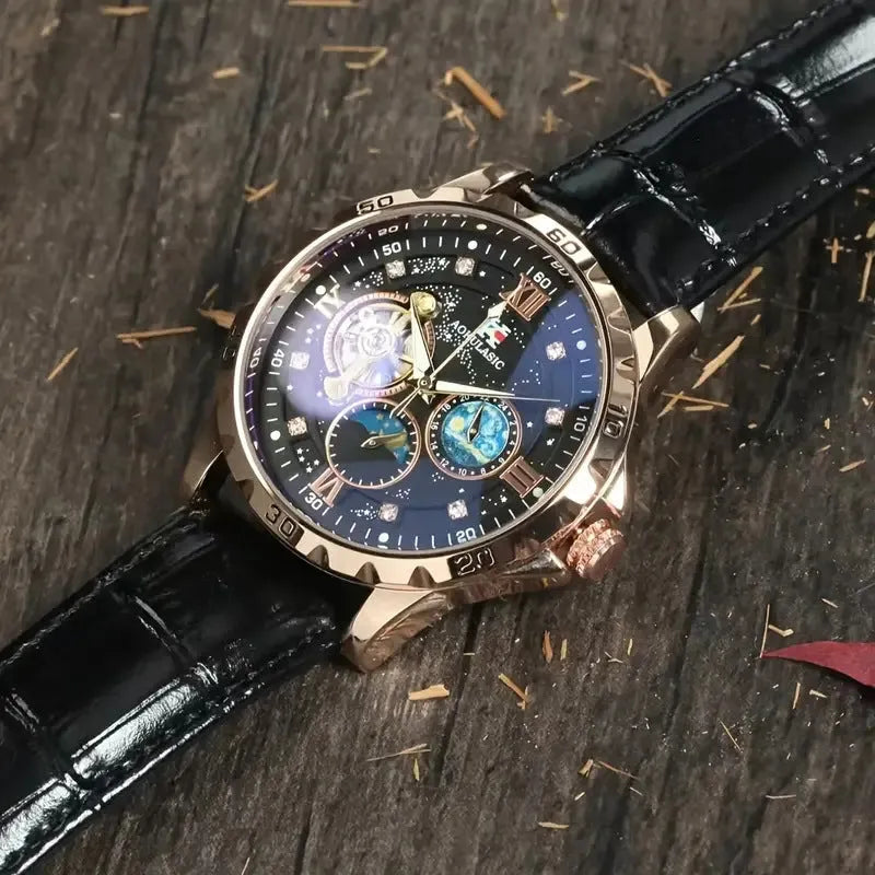 Men's rose gold skeleton automatic watch with black leather strap showing mechanical movement