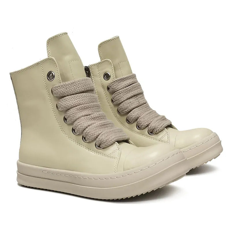 Men's and women's black high-top leather shoes with a side zipper and visible stitching on a round toe