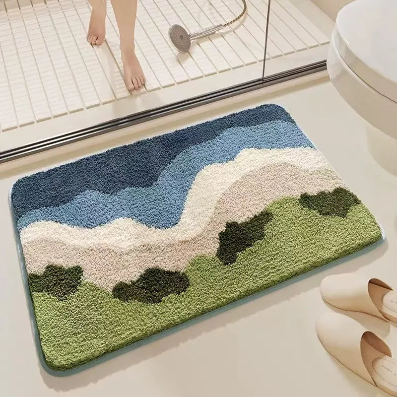Sky sea rainbow pattern cashmere carpet floor mat with plastic dirt-resistant bottom in square shape