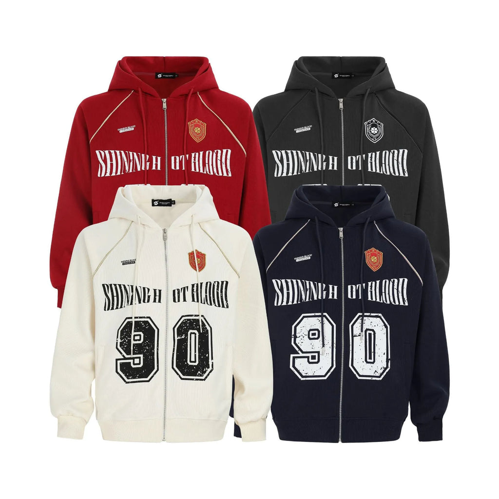 Women's red American retro style loose hooded cardigan jacket with white letter embroidery pattern
