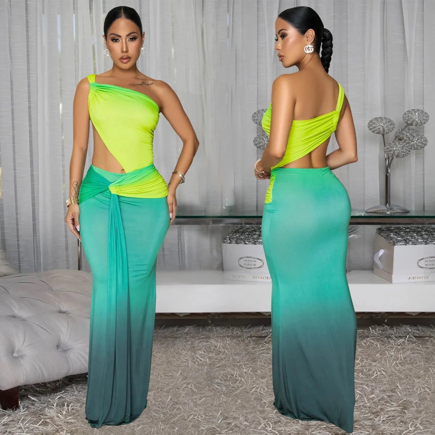 Gradient colour long dress with oblique shoulder design and high waist