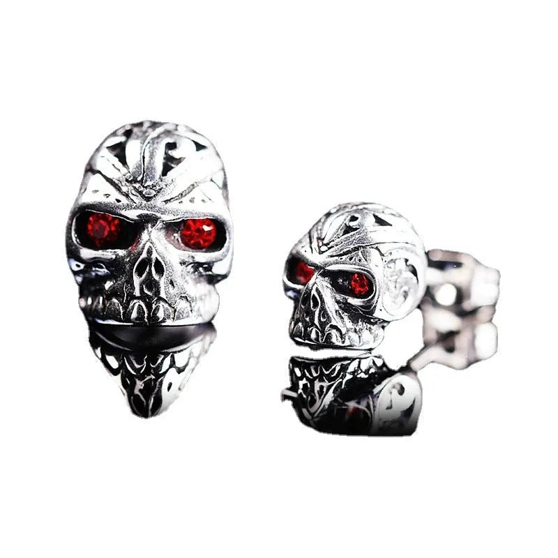 Skull stud earrings with red eye ghost head design and retro styling