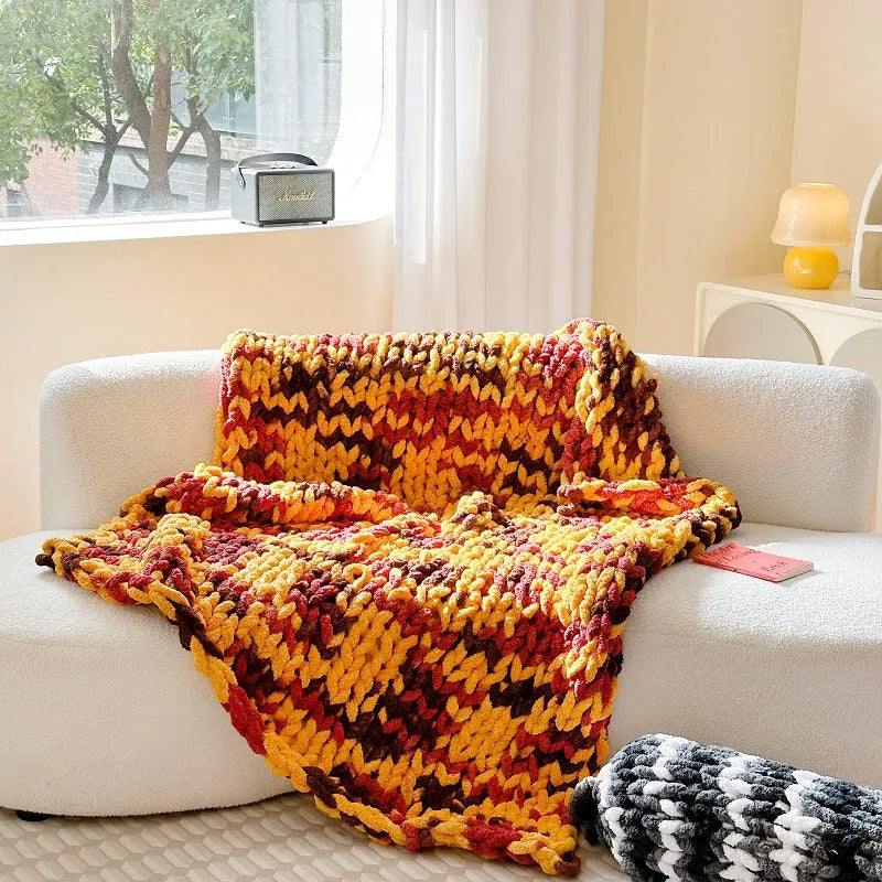 Chenille striped winter blanket in four colour options showing thick ice bar section dyeing pattern