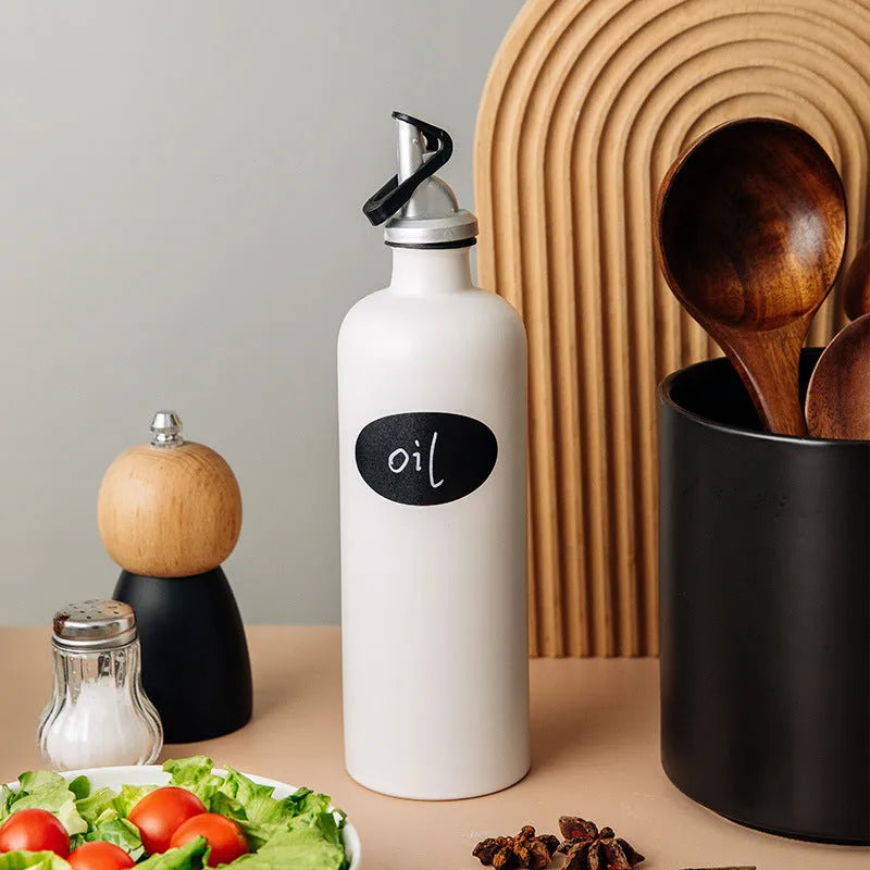 Ceramic kitchen oil pot with integrated funnel and brush in three colour options