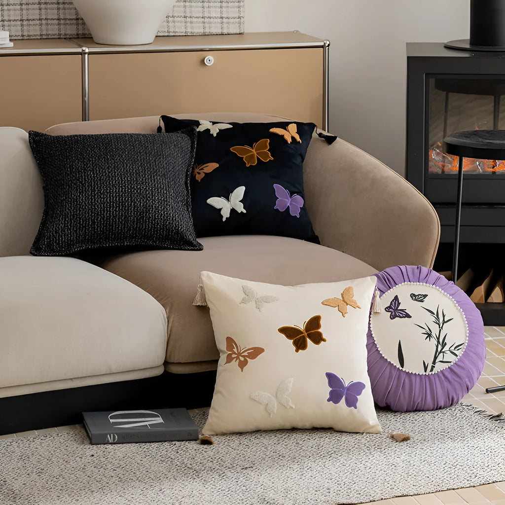Butterfly embroidery Chinese style cushion 45x45cm in beige, black or purple