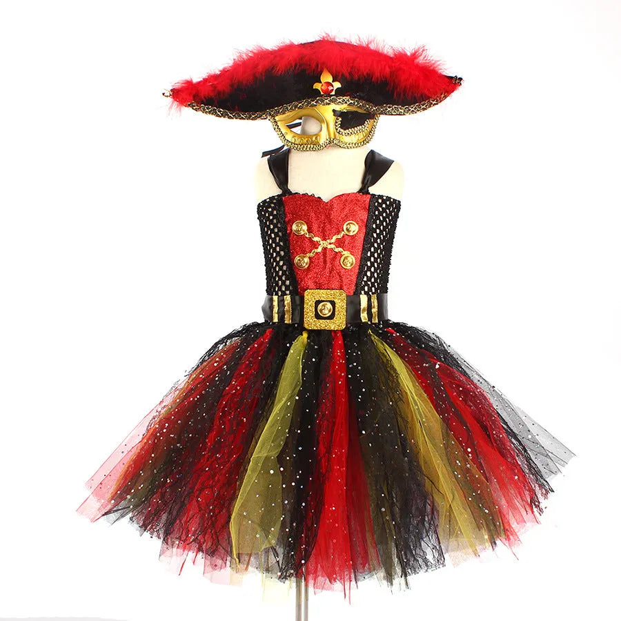 Girls Halloween pirate costume dress with sequin gauze fabric and pirate skirt design
