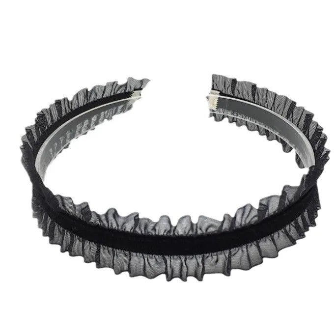 Velvet ruffled clavicle necklace with floral alloy pendant on snake bone chain in black colour