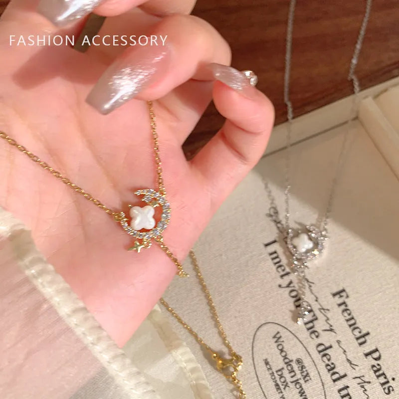 Gold and silver star moon sparkling zirconium necklace on an adjustable copper chain for women.