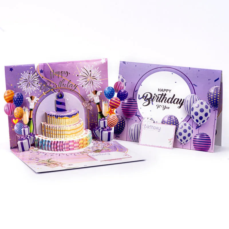Open 3D pop-up greeting card with Chinese ink style cake illustration, showing manual folding detail.