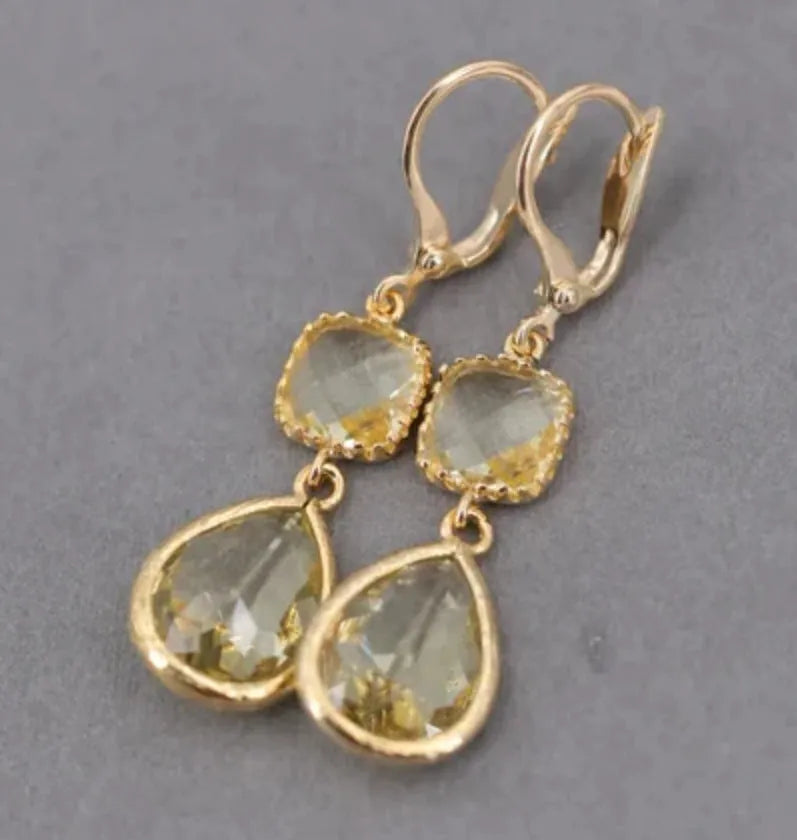 Gold geometric crystal fringe drop earrings with water droplet elements