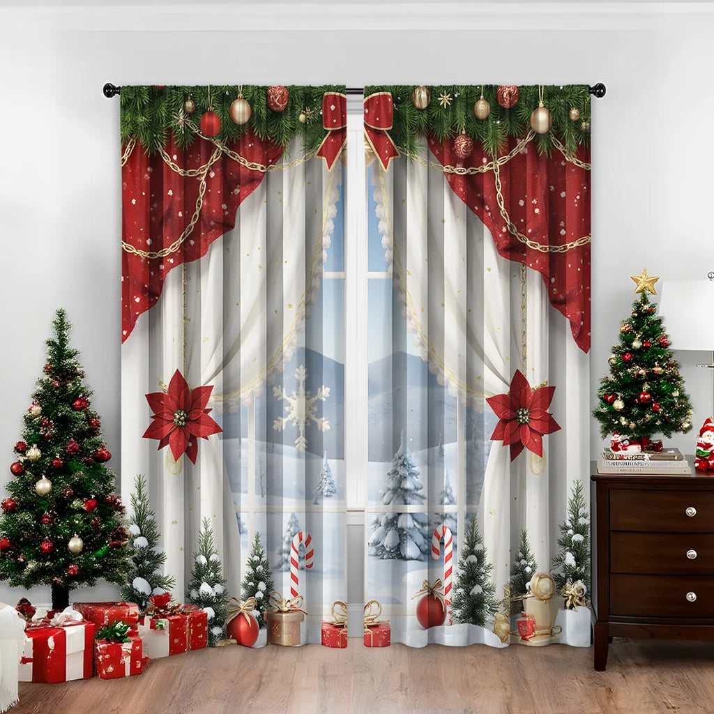 A pair of 3D digitally printed Christmas curtains with festive patterns, made from polyester fabric.