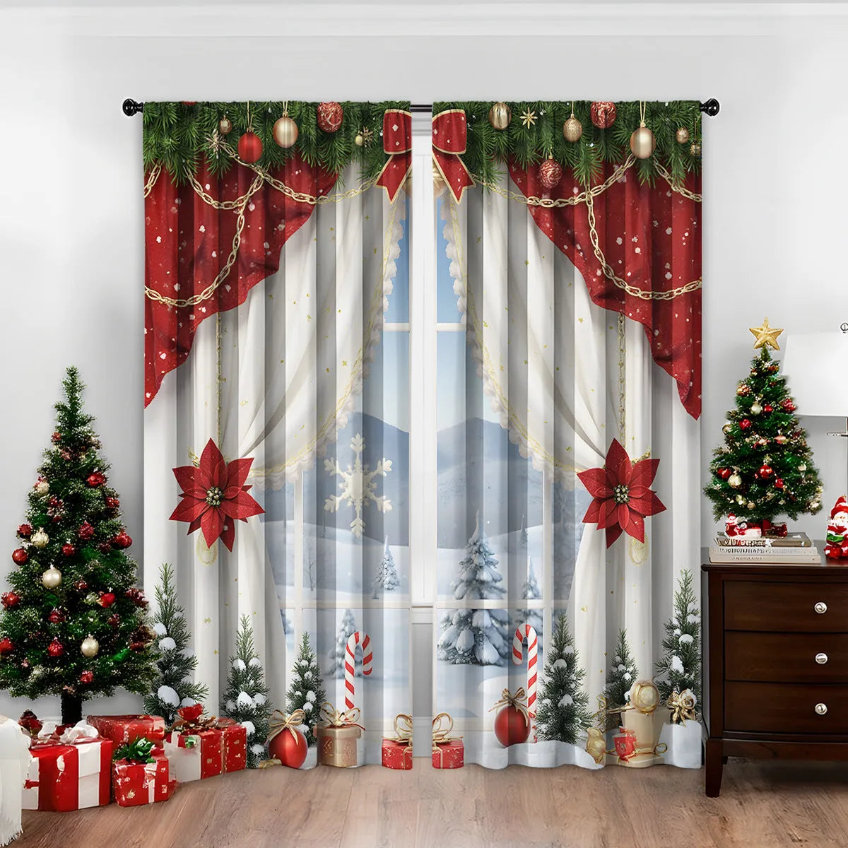 A pair of 3D digitally printed Christmas curtains with festive patterns, made from polyester fabric.