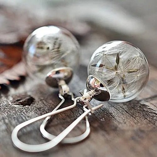 Transparent glass ball earrings with dandelion seed crystal decoration and French hooks